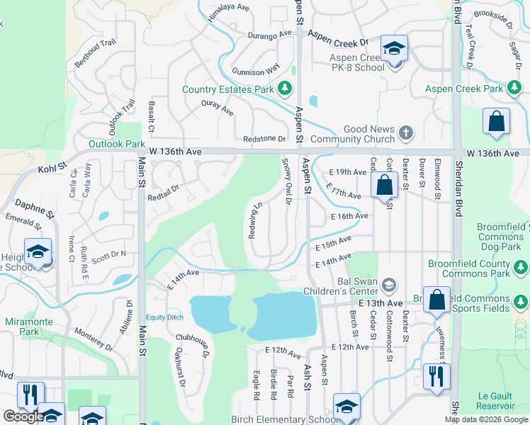 map of restaurants, bars, coffee shops, grocery stores, and more near 1647 Prairie Falcon Lane in Broomfield