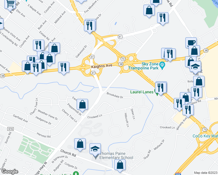 map of restaurants, bars, coffee shops, grocery stores, and more near 55 East Kings Highway in Maple Shade