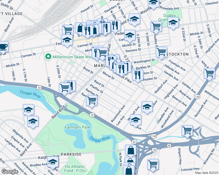 map of restaurants, bars, coffee shops, grocery stores, and more near 452 Rand Street in Camden