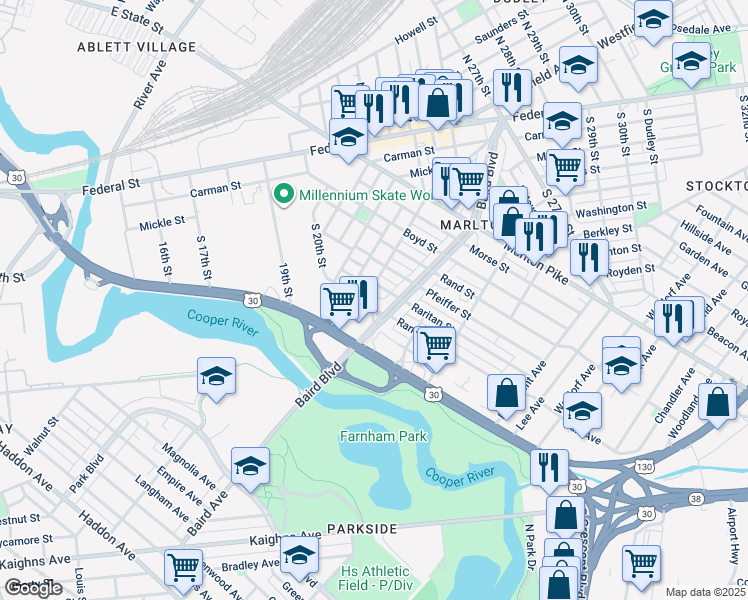 map of restaurants, bars, coffee shops, grocery stores, and more near 2213 Baird Boulevard in Camden