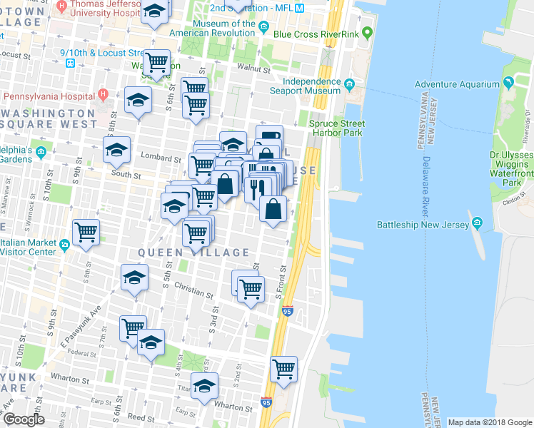 map of restaurants, bars, coffee shops, grocery stores, and more near 214 South Street in Philadelphia