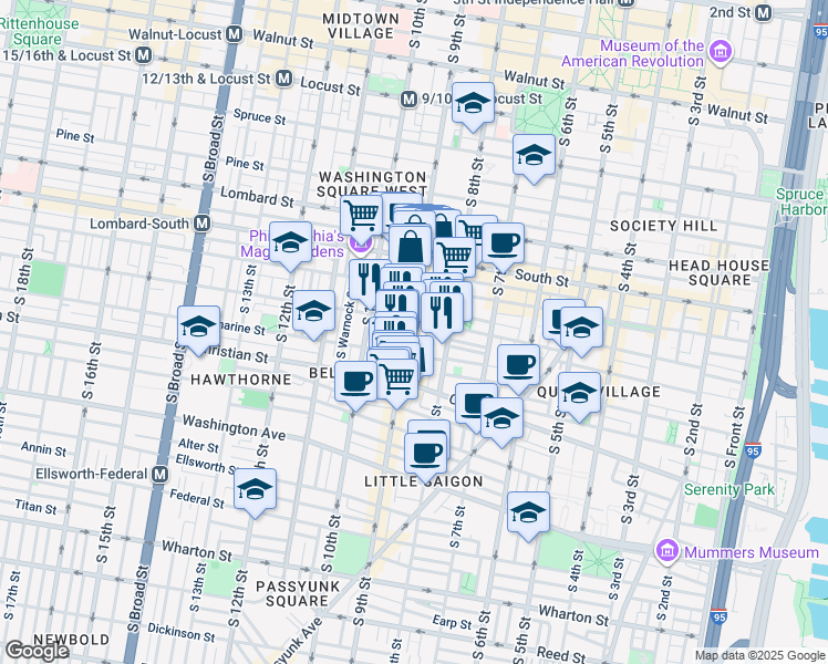 map of restaurants, bars, coffee shops, grocery stores, and more near 745 South 9th Street in Philadelphia