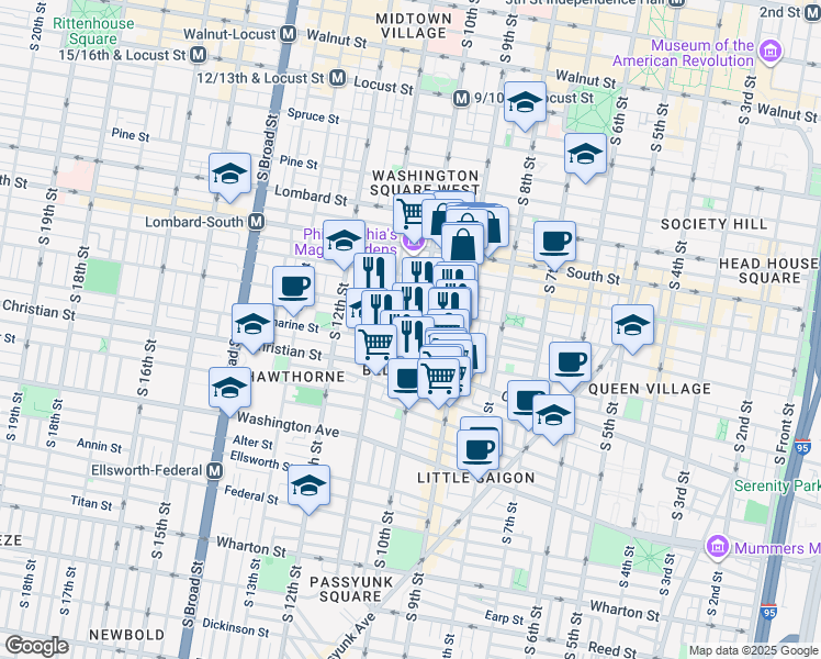 map of restaurants, bars, coffee shops, grocery stores, and more near 753 South 10th Street in Philadelphia