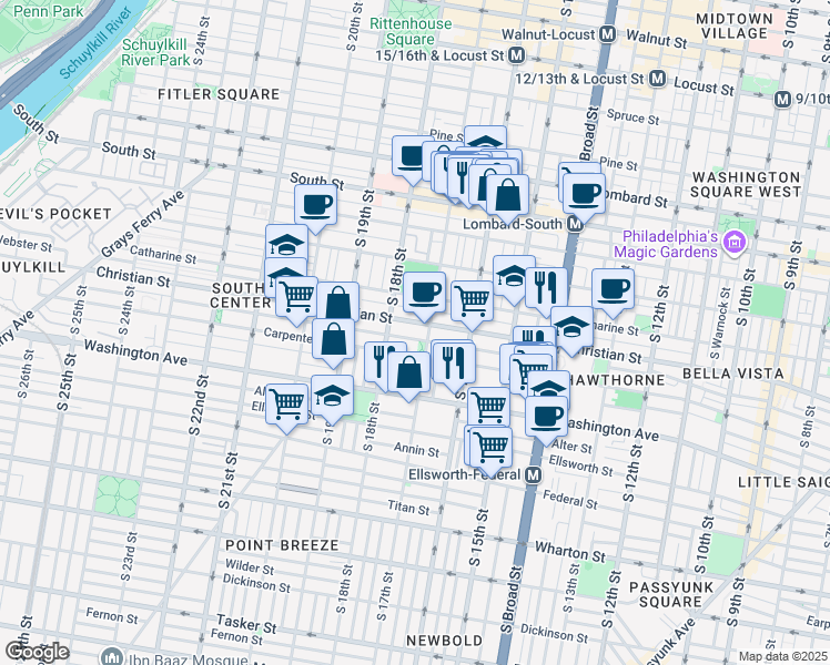 map of restaurants, bars, coffee shops, grocery stores, and more near 901 South 17th Street in Philadelphia