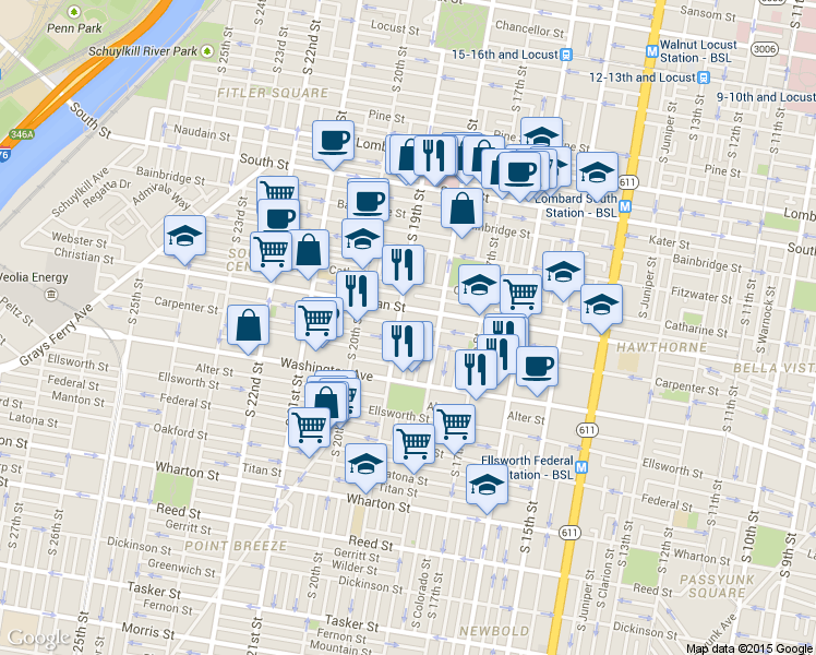map of restaurants, bars, coffee shops, grocery stores, and more near 1829 Montrose Street in Philadelphia