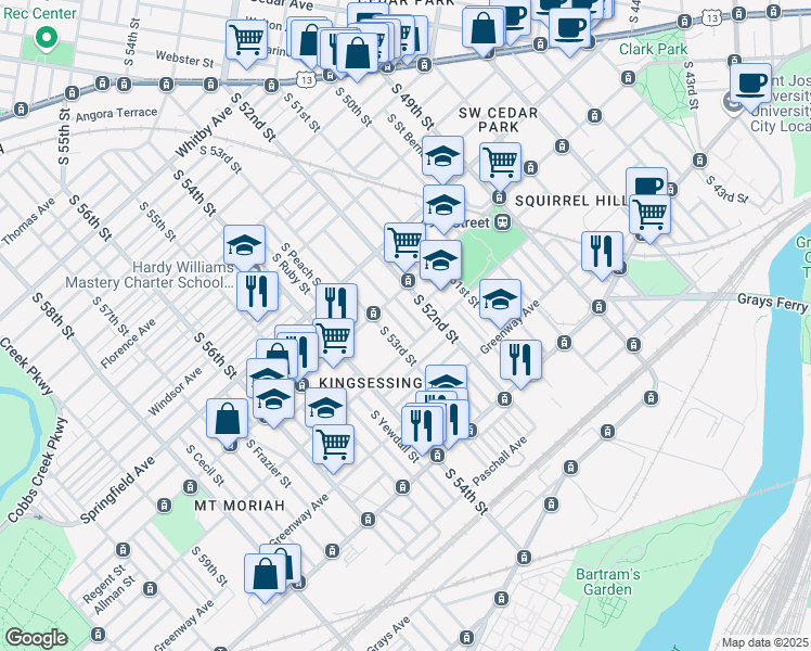 map of restaurants, bars, coffee shops, grocery stores, and more near 1323 South Lindenwood Street in Philadelphia