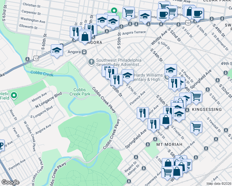 map of restaurants, bars, coffee shops, grocery stores, and more near 1430 South 58th Street in Philadelphia