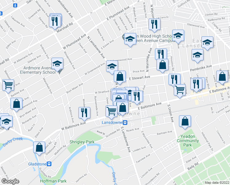 map of restaurants, bars, coffee shops, grocery stores, and more near 58 North Lansdowne Avenue in Lansdowne