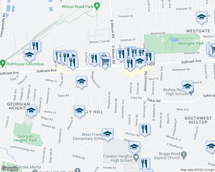 map of restaurants, bars, coffee shops, grocery stores, and more near 674 Wedgewood Drive in Columbus