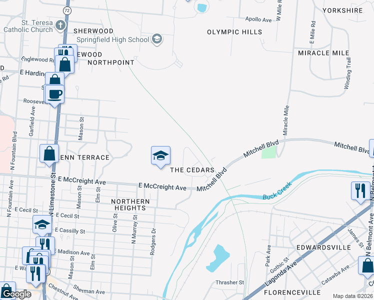map of restaurants, bars, coffee shops, grocery stores, and more near 1325 Cedarview Drive in Springfield