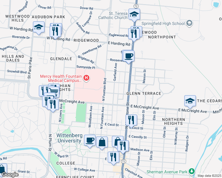 map of restaurants, bars, coffee shops, grocery stores, and more near 1317 Garfield Avenue in Springfield
