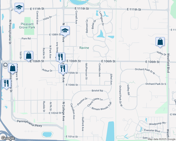map of restaurants, bars, coffee shops, grocery stores, and more near 10530 McPherson Street in Indianapolis