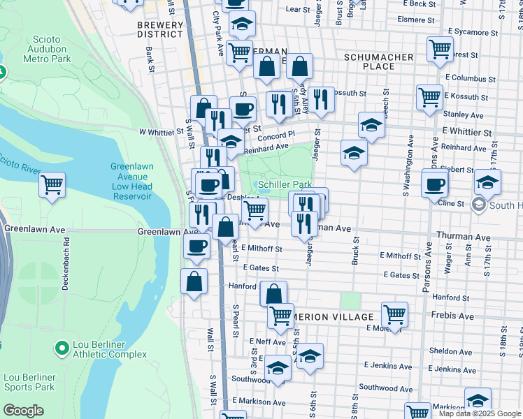 map of restaurants, bars, coffee shops, grocery stores, and more near 100 Redbud Alley in Columbus