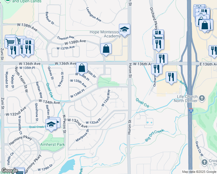 map of restaurants, bars, coffee shops, grocery stores, and more near 1000 West 134th Avenue in Westminster