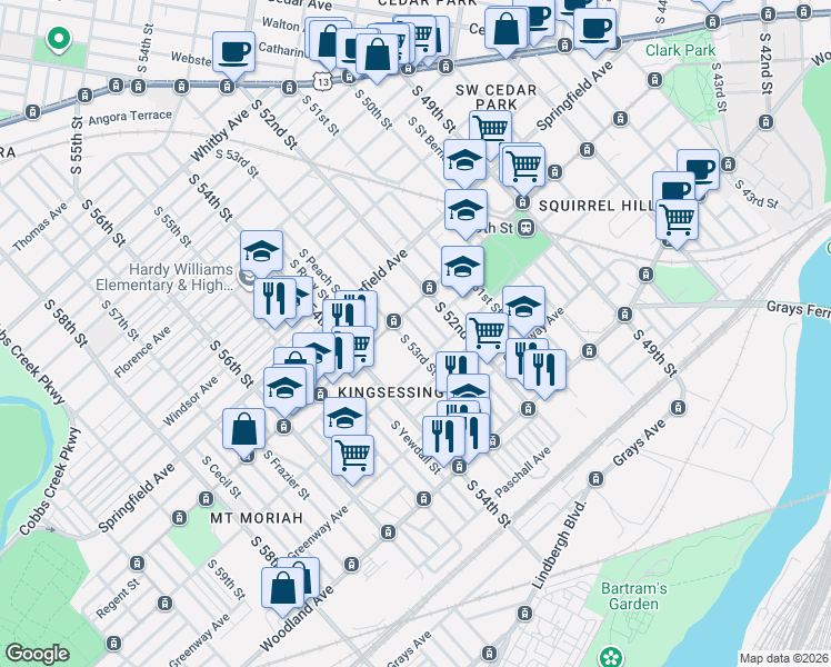 map of restaurants, bars, coffee shops, grocery stores, and more near 1323 South Lindenwood Street in Philadelphia
