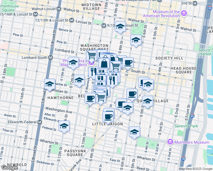 map of restaurants, bars, coffee shops, grocery stores, and more near 742R South Darien Street in Philadelphia