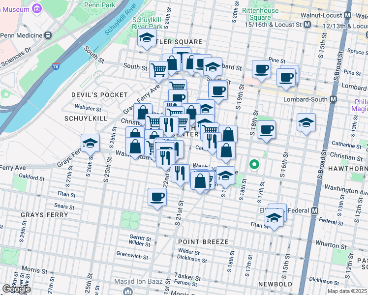 map of restaurants, bars, coffee shops, grocery stores, and more near 2114 Carpenter Street in Philadelphia