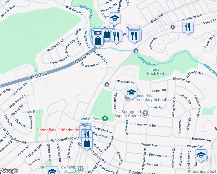 map of restaurants, bars, coffee shops, grocery stores, and more near 12 Scenic Rd in Springfield
