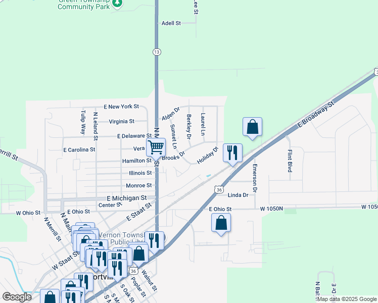 map of restaurants, bars, coffee shops, grocery stores, and more near 710 Brooks Drive in Fortville