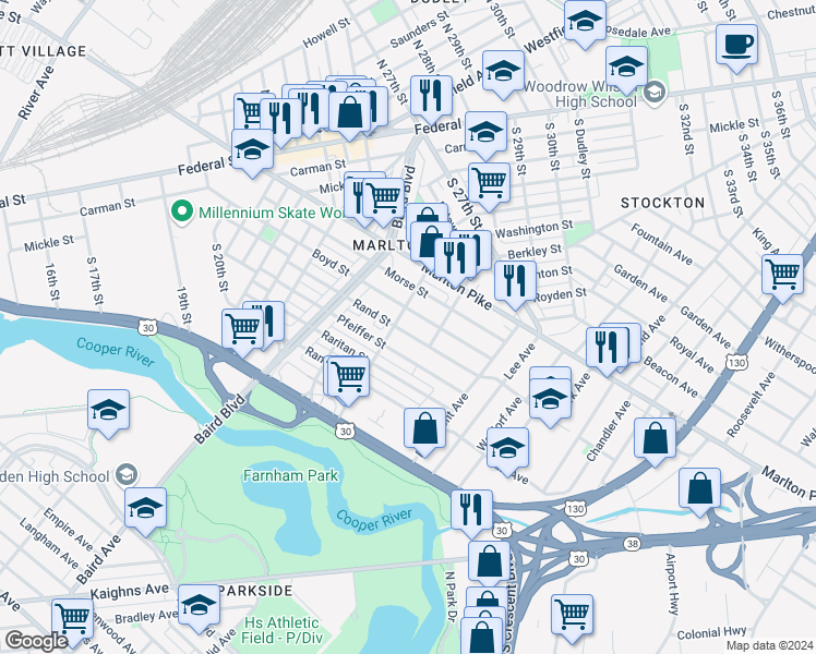 map of restaurants, bars, coffee shops, grocery stores, and more near 452 Rand Street in Camden