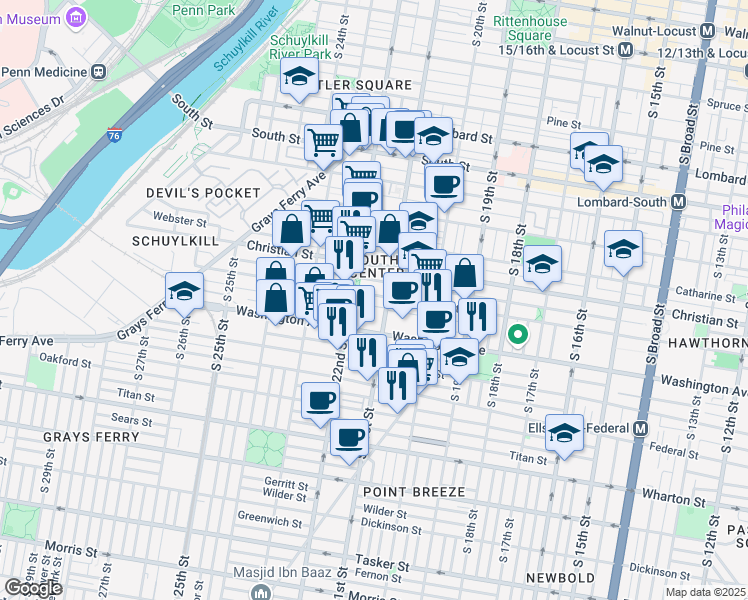 map of restaurants, bars, coffee shops, grocery stores, and more near 2116 Carpenter Street in Philadelphia