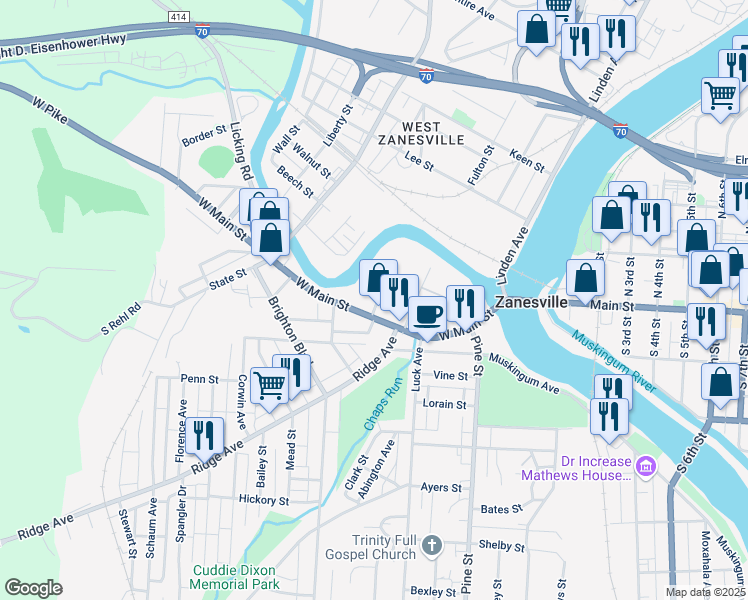 map of restaurants, bars, coffee shops, grocery stores, and more near 19 Young Street in Zanesville