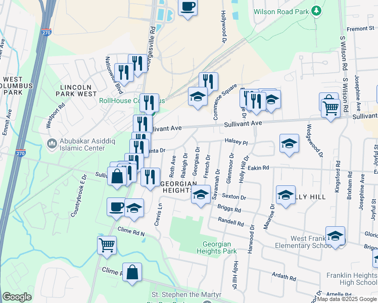 map of restaurants, bars, coffee shops, grocery stores, and more near 608 Raleigh Drive in Columbus