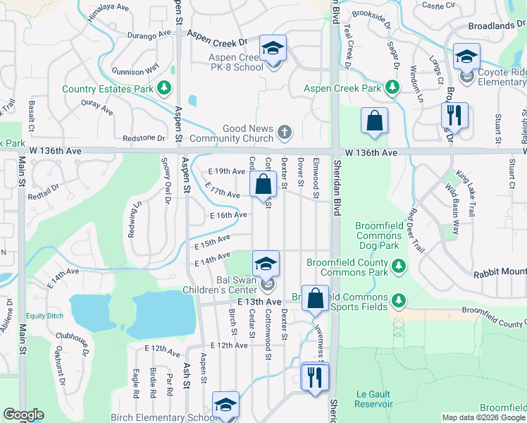 map of restaurants, bars, coffee shops, grocery stores, and more near 1689 Cottonwood Street in Broomfield