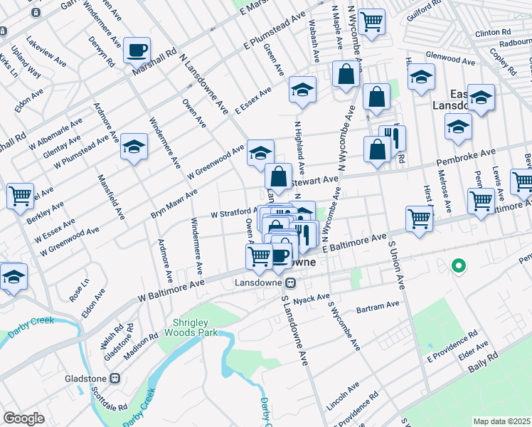 map of restaurants, bars, coffee shops, grocery stores, and more near 58 North Lansdowne Avenue in Lansdowne