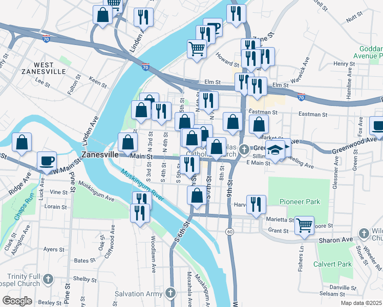 map of restaurants, bars, coffee shops, grocery stores, and more near 98 North 6th Street in Zanesville