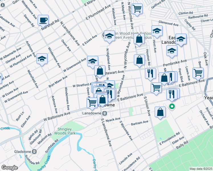 map of restaurants, bars, coffee shops, grocery stores, and more near 52 North Highland Avenue in Lansdowne