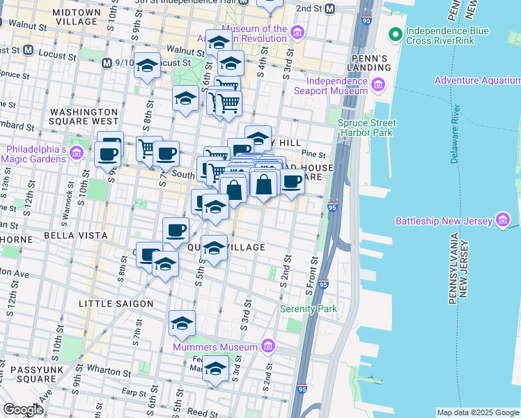 map of restaurants, bars, coffee shops, grocery stores, and more near 310 Bainbridge Street in Philadelphia