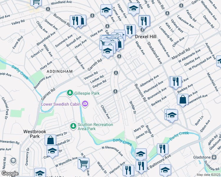map of restaurants, bars, coffee shops, grocery stores, and more near 4001 Redden Road in Drexel Hill