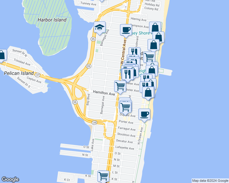 map of restaurants, bars, coffee shops, grocery stores, and more near 212 Hamilton Avenue in Seaside Heights