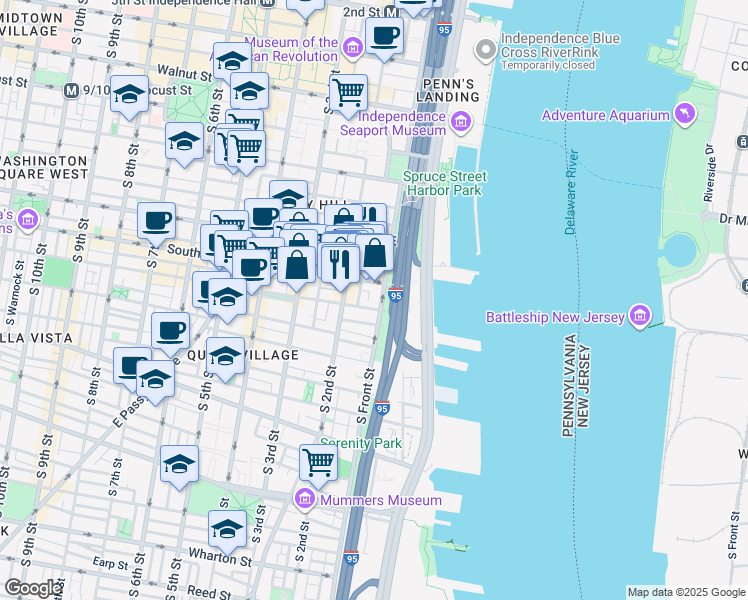 map of restaurants, bars, coffee shops, grocery stores, and more near 618 South Front Street in Philadelphia
