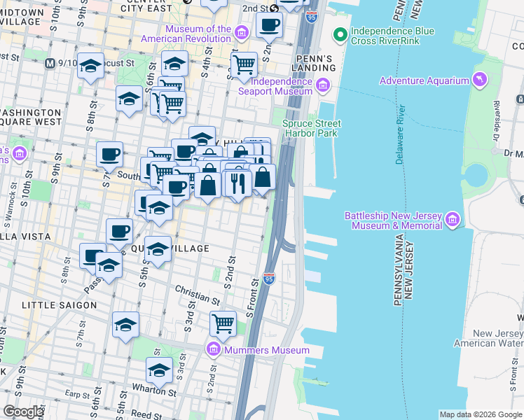 map of restaurants, bars, coffee shops, grocery stores, and more near 612 South Front Street in Philadelphia
