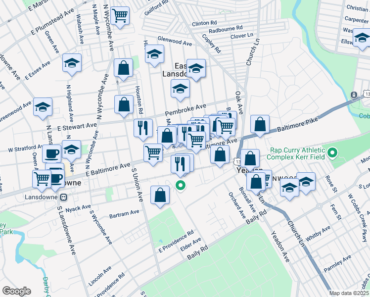 map of restaurants, bars, coffee shops, grocery stores, and more near 529 East Baltimore Avenue in East Lansdowne