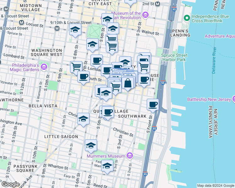 map of restaurants, bars, coffee shops, grocery stores, and more near 701 South 4th Street in Philadelphia