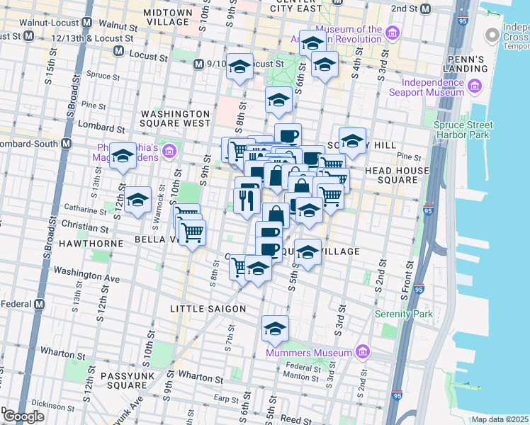 map of restaurants, bars, coffee shops, grocery stores, and more near 606 Pemberton Street in Philadelphia