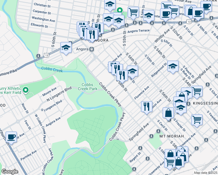 map of restaurants, bars, coffee shops, grocery stores, and more near 5840 Whitby Avenue in Philadelphia