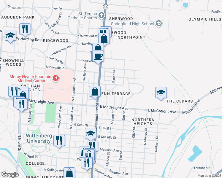 map of restaurants, bars, coffee shops, grocery stores, and more near 1325 Terrace Drive in Springfield