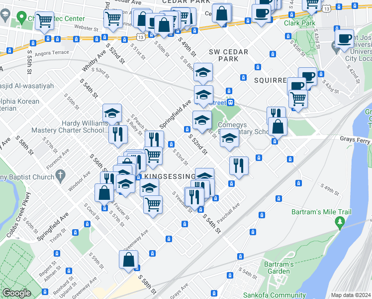 map of restaurants, bars, coffee shops, grocery stores, and more near 1333 South Lindenwood Street in Philadelphia