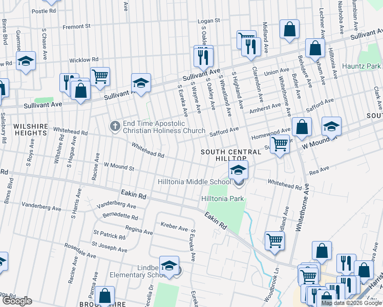 map of restaurants, bars, coffee shops, grocery stores, and more near 721 South Eureka Avenue in Columbus