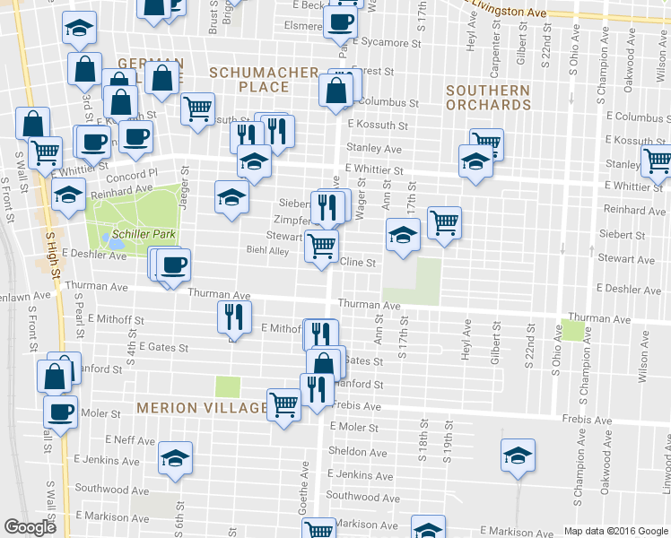 map of restaurants, bars, coffee shops, grocery stores, and more near 1132 Parsons Avenue in Columbus
