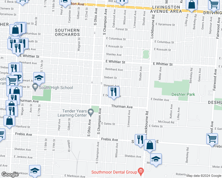 map of restaurants, bars, coffee shops, grocery stores, and more near 1212 Oakwood Avenue in Columbus