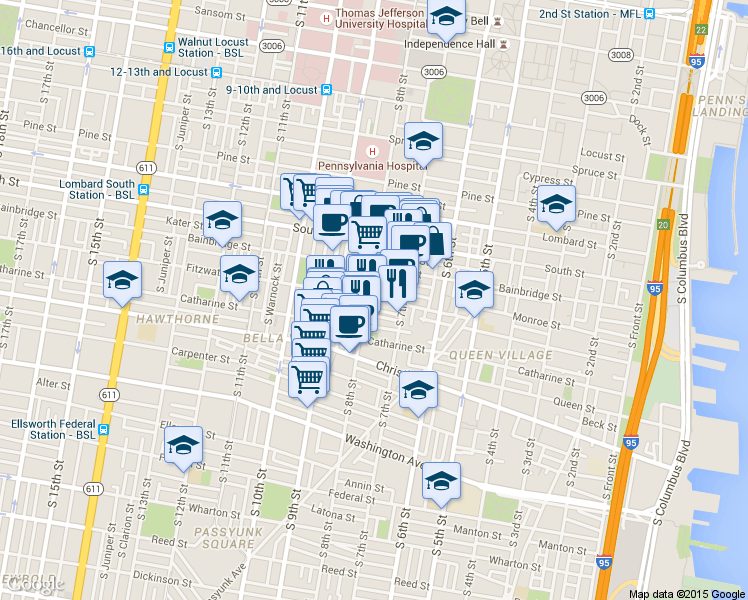 map of restaurants, bars, coffee shops, grocery stores, and more near 744 Fitzwater Street in Philadelphia