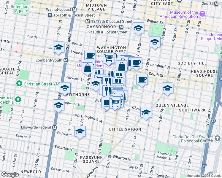 map of restaurants, bars, coffee shops, grocery stores, and more near 753 South 10th Street in Philadelphia