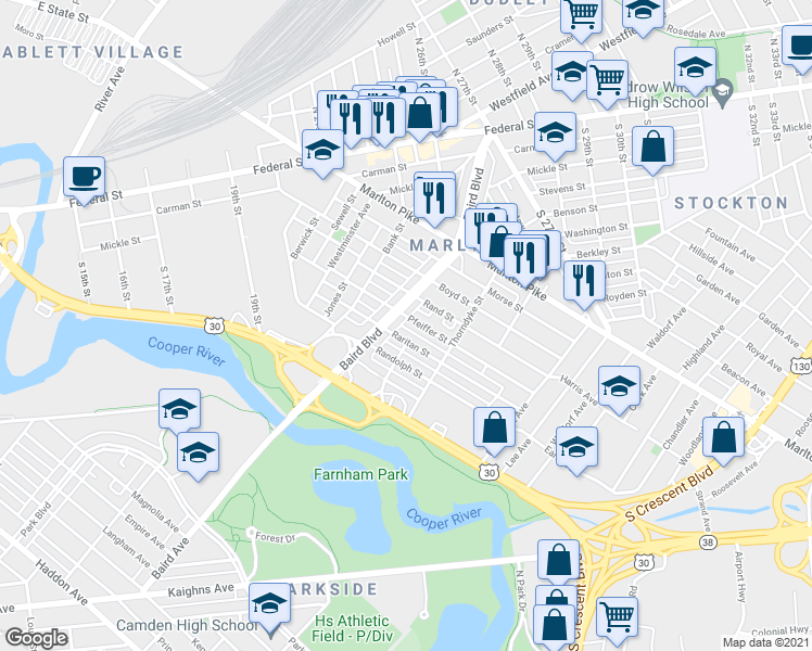 map of restaurants, bars, coffee shops, grocery stores, and more near 407 Pfeiffer St in Camden