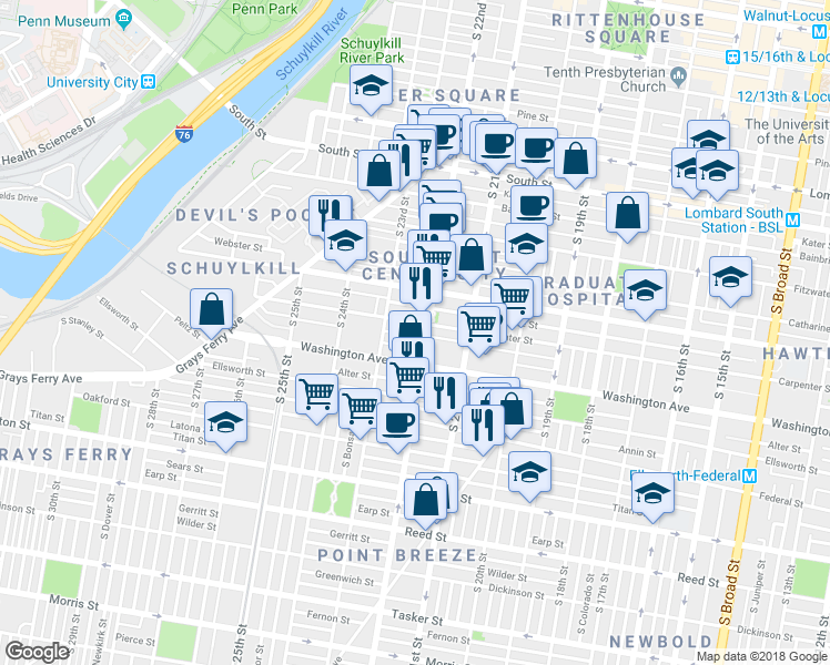 map of restaurants, bars, coffee shops, grocery stores, and more near 2207 Kimball Street in Philadelphia