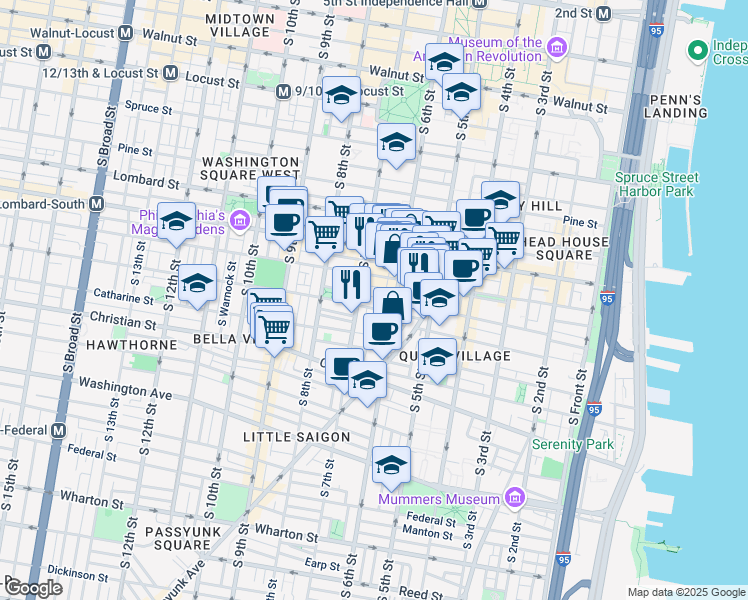 map of restaurants, bars, coffee shops, grocery stores, and more near 610 Pemberton Street in Philadelphia
